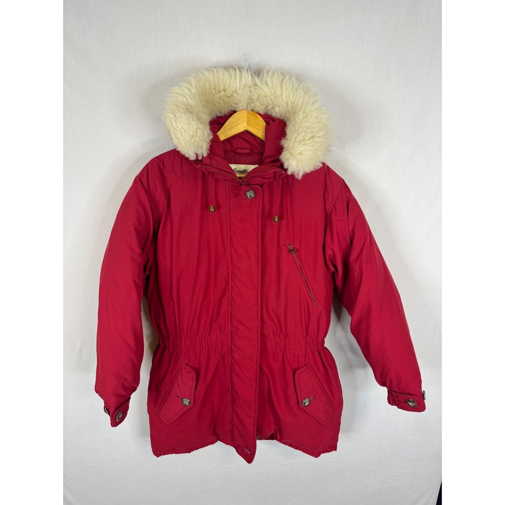 Eddie Bauer Premier Polar Parka Red Goose Down Sheep Fur Trim Jacket Womens S